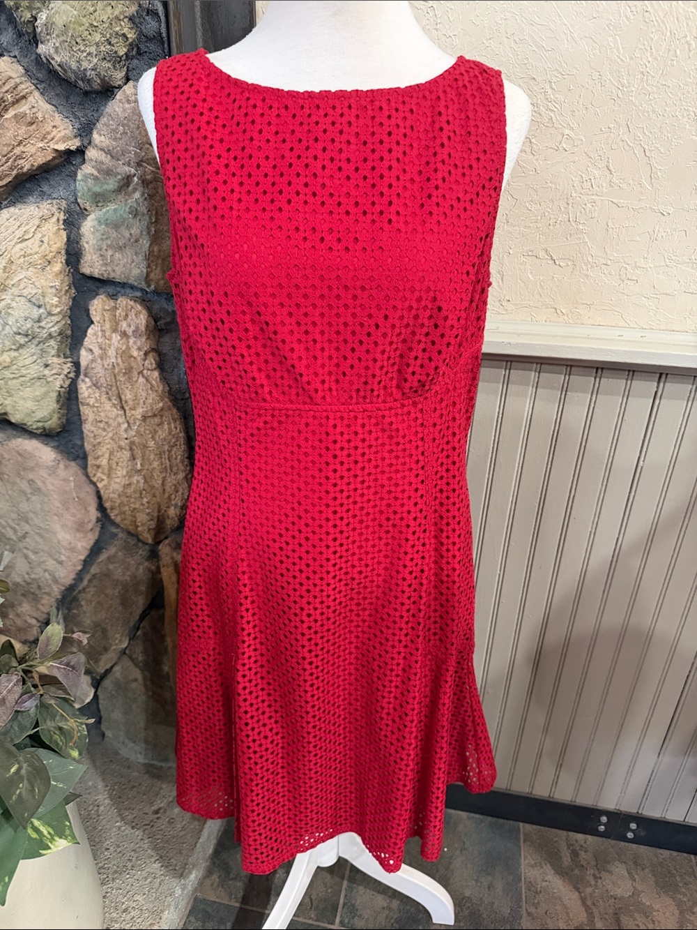 Chaps Red Sleeveless Eyelet Fit & Flare Mini Dress
